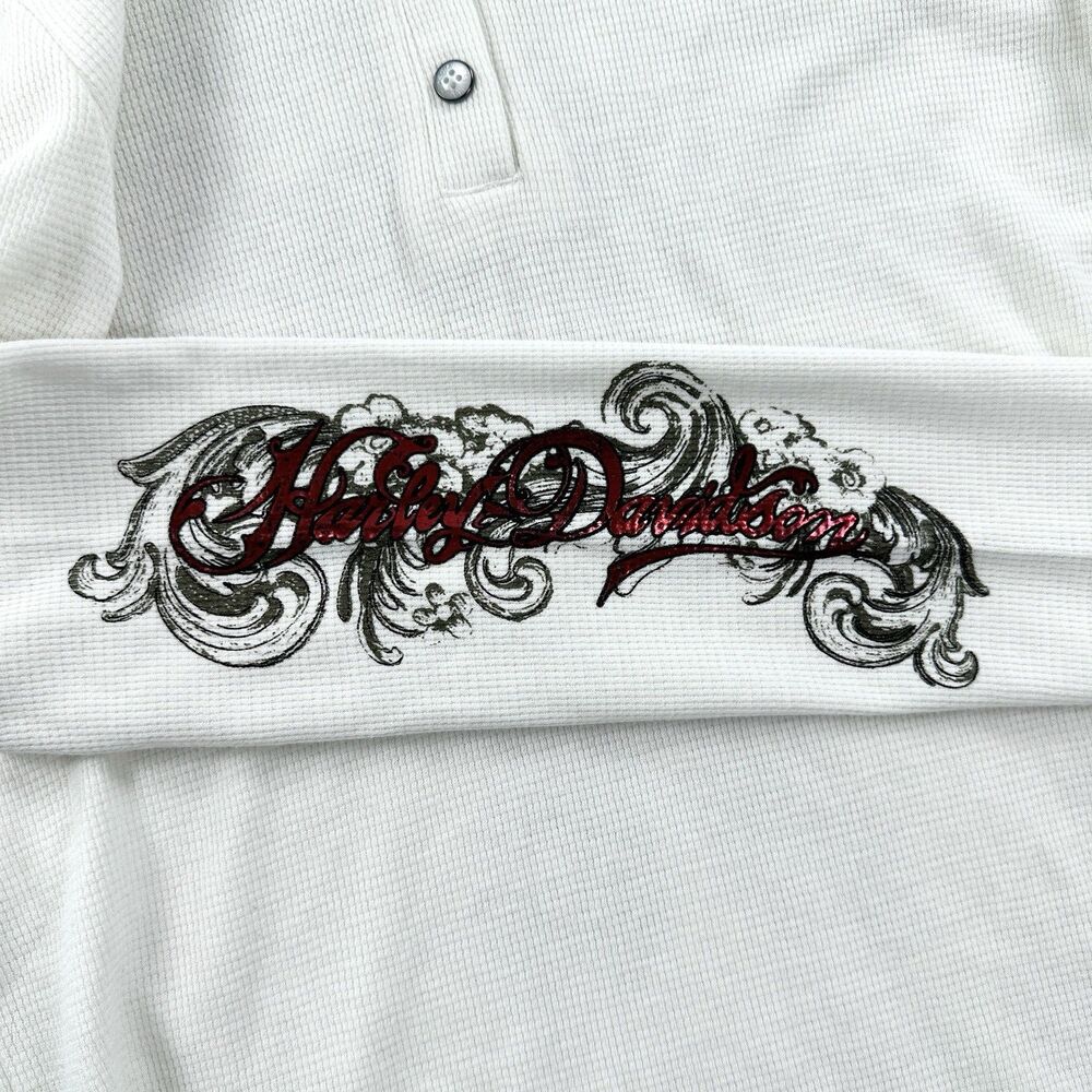 Harley Davidson Thermal Henley Hoodie Womens Medium Biker Y2K Tattoo Heart - Picture 4 of 13